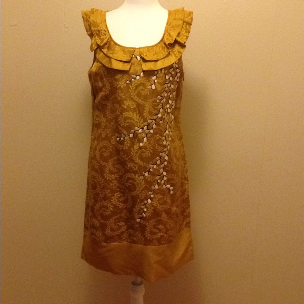 Floreat Anthropologie dress. Gold with embroidery
